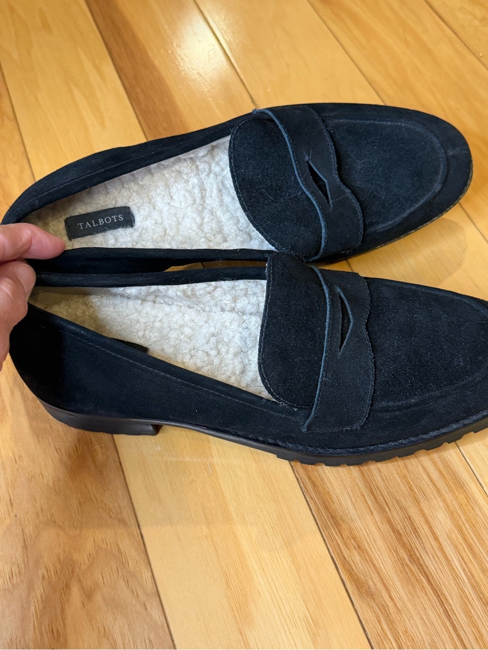 Talbots Suede Penny Loafers Black Sherpa Lined Flats Women’s 8 M - Picture 4 of 12